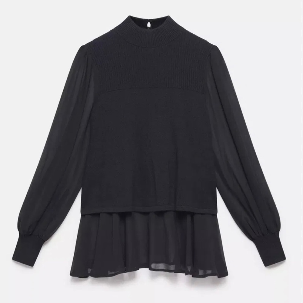 Mint Velvet. Woven Mix Knit Top. Black.
